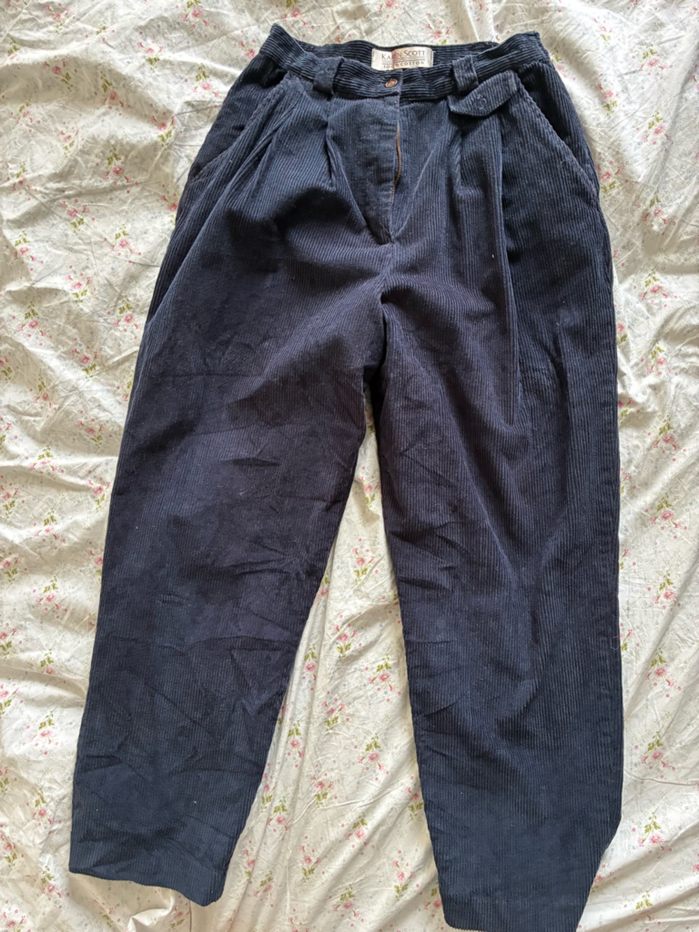 Karen Scott Navy Corduroy Pleated High-Waist Pants